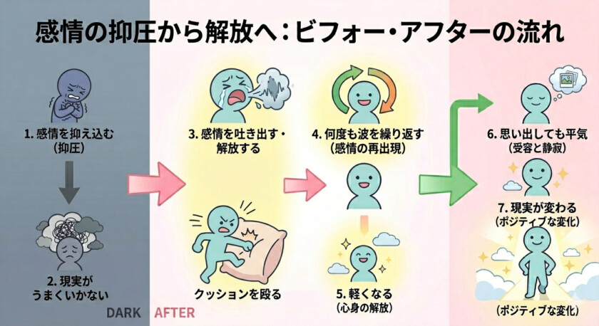 私の感情解放の経験での感情の抑圧から解放、変化の流れ(ビフォー → アフター)