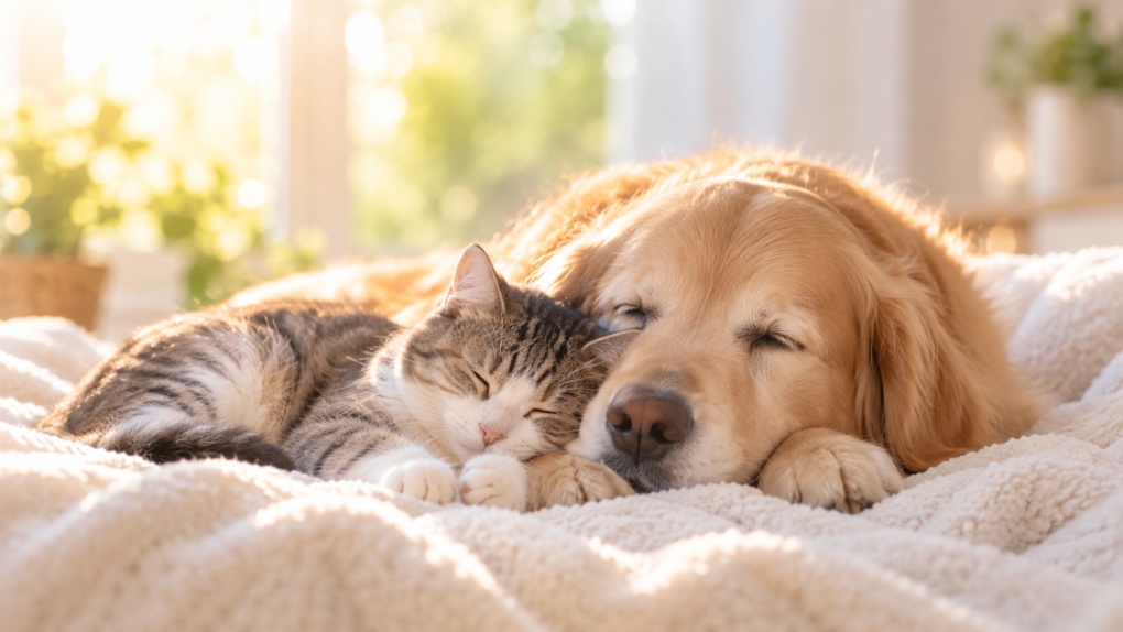 柔らかな光の中で寄り添って眠る犬と猫のイメージ