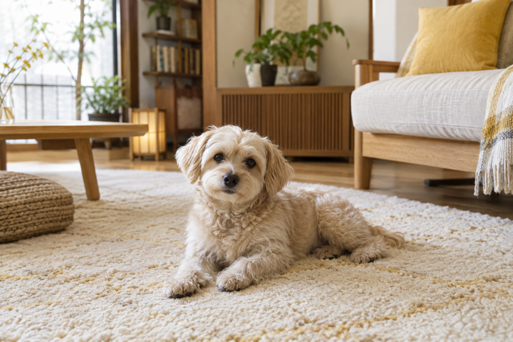 明るい室内のラグで穏やかに過ごす犬のイメージ