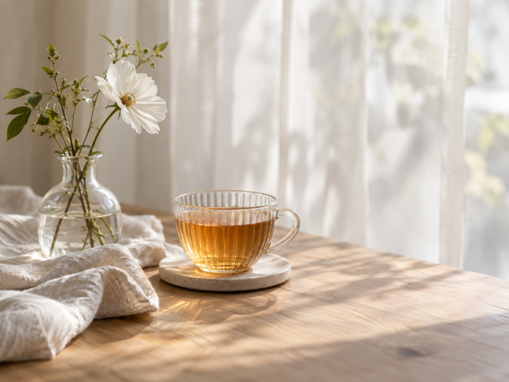 日常の中でゆっくり自分と向き合う、お茶と花のイメージ